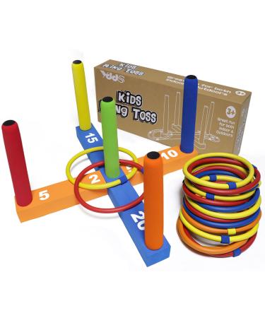 Ring Toss Game for Kids, Indoor & Outdoor Game for Family and Adults with 5 Poles, 2 Bases and 16 Rings in 4 Colors, Soft Foam Toy for Kids Backyard Ring Toss Fun BLUE & ORANGE