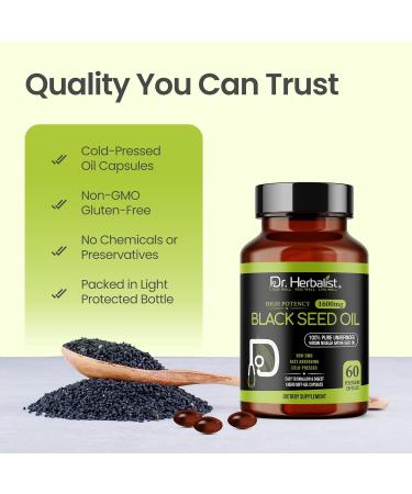 Dr. HERBALIST Black Seed Oil Capsules - 60 Count 1600mg Per Serving - Organic Cold Pressed Nigella Sativa Pure Black Cumin Seed Oil- Contains Natural Thymoquinone (TQ) Black Seed Oil 1 - Buy Online on GoSupps.com