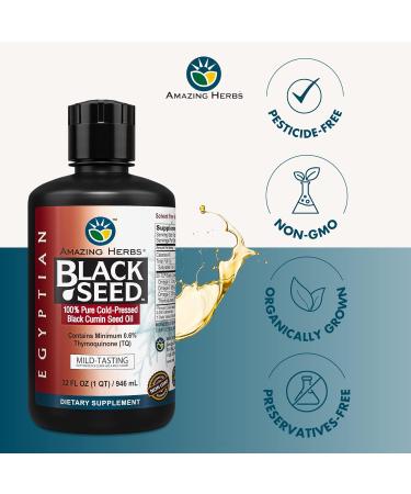 Amazing Herbs Egyptian Black Seed Oil - Gluten Free, Non GMO, Cold Pressed Nigella Sativa Aids in Digestive Health, Immune Support, Brain Function, Mild Flavor - 32 Fl Oz - Buy Online on GoSupps.com