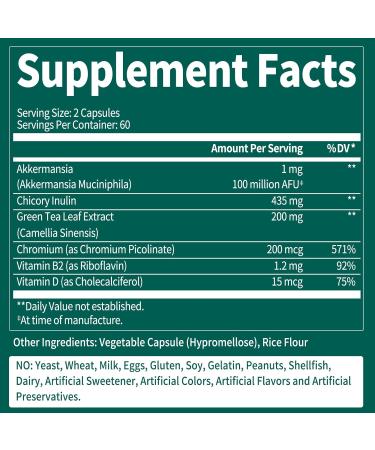 Akkermansia Probiotic with Vitamin B2 & D and Chicory Inulin & Green Tea Akkermansia Muciniphila 100 Million AFU for Men & Women Made in USA Gluten Free Non-GMO 120 Capsules - Buy Online on GoSupps.com