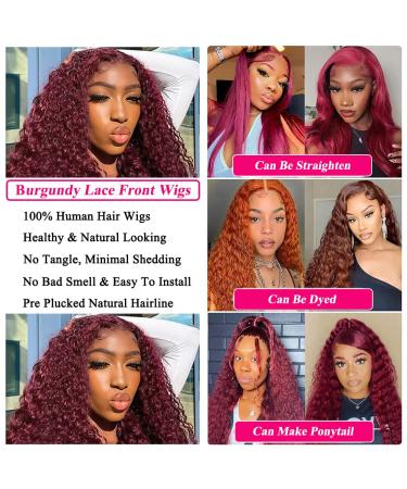 Burgundy Lace Front Human Hair Wig for Black Women - 24 Inch Deep Wave 99J Color, 13x4 Transparent Lace Frontal, Glueless Wet and Wavy Curly Wig, Pre Plucked Brazilian Virgin Hair - 180% Density - Buy Online on GoSupps.com