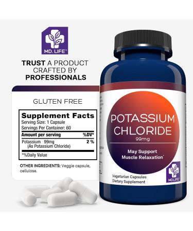 MD. Life Potassium Chloride Supplement 99mg 60 Capsules Vegetarian Potassium Chloride Capsules Supports Muscle Function & Healthy Blood Pressure Third-Party Lab Tested - Buy Online on GoSupps.com