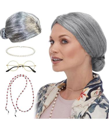 Small Hair Clip Granny Wig Granny Cosplay Wig Granny Ladies Costume Granny Wig Glasses Chain Glasses Pearl Necklace (4pcs) Wigs for Women Lace Front One Size Silver - Buy Online on GoSupps.com