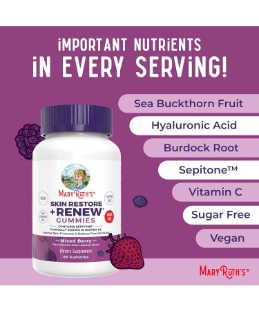 MaryRuth's Skin Restore + Renew Gummies With Hyaluronic Acid | Skin Hydration | Clinically Shown in Women to Reduce Fine Wrinkles & Improve Skin Firmness | Vegan Collagen Production | 60 Gummies - Buy Online on GoSupps.com