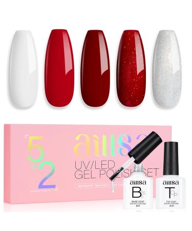AILLSA Red Gel Nail Polish Set Burgundy Red White Sparkle Gel Polish with Base and Top Coat Valentine's Day Gift Red Sliver Glitter Nail Polish Gel Winter colors Soak Off U V Gel Starter Kit A6-candy Cane