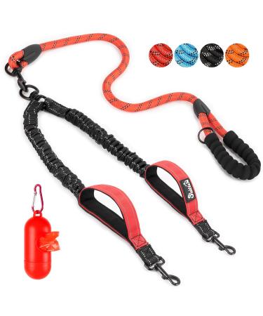 Eyein double linen for 2 dogs dog leash for large dogs flexible and reflective healing -free dog leash with 2 padded handles for dogs from 11 to 68 kg (red) red 2 handles - l (total weight 11-68kg)