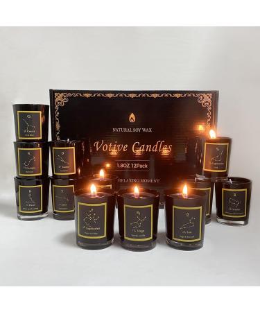 12 Scented Candles Gift Set - Black Glass Horoscope Jar Aromatherapy Candles | Soy Wax Votive for Parties Dinners & Camping - International Shipping Available - Buy Online on GoSupps.com
