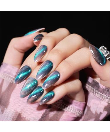 Cat Eye Press on Nails Almond Grey Medium Handmade Fake Nails with Green Glitter Design Glossy Salon Perfect Magnetic Gel Bling Nails in 12 Sizes - 24 Pcs Nails Kit for Women Girls Grey cat eye