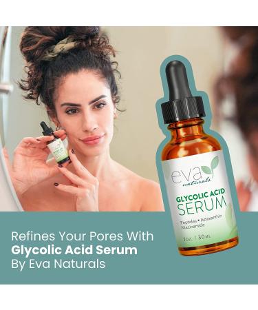 Eva Naturals Glycolic Acid Serum - Anti-Aging Vitamin C & Hyaluronic Acid - Minimize Pores, Reduce Fine Lines & Wrinkles, Acne Scarring - 1 Oz - Buy Online on GoSupps.com
