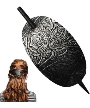 Hair Barrette - Oval Hairpin Clip Vintage Hair Accessory | Oval Leather Hair Barrette Hair Stick Hairpin Holder Long Hair Pin for Women Ponytail Accessory Leather Hair Clips 4.92x1.97in silver - Buy Online on GoSupps.com