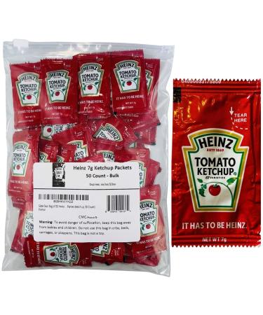 50 Count - Heinz 7g Ketchup Packets - Ketchup Condiment Packs Bundled in LK Plastic Slide Seal Food Storage Bag Packaged by CMC Products