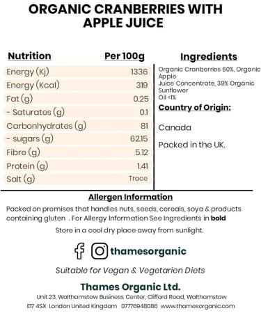 Organic Cranberries with Apple Juice-Certified Organic Non-GMO Vegan No Additives No Preservatives Resealable Bag by Thames Organic 1kg - Buy Online on GoSupps.com