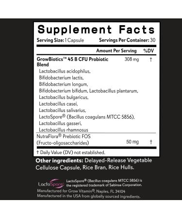 grow vitamin GrowBiotics Probiotics for Women & Men: Comprehensive Formula, 45 Billion CFU, 11 Strains, Dairy Free - w/Prebiotics and Probiotics - Promotes Immune & Gut Health - 30 Veggie Caps - Buy Online on GoSupps.com