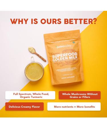 Paleovalley Organic Superfood Golden Milk - Immune, Focus, Cognitive, Longevity - Turmeric, MCT-Rich Coconut Milk, Functional Mushrooms, 30 Servings - Buy Online on GoSupps.com