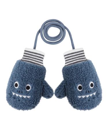 JIAHG Children's Winter Knit Gloves with String Baby Toddlers Hand-Warming Mittens Cute Cartoon Fox kids Gloves Outdoor Warm Mitts Insulated Cold Weather Gloves for 1-3 Years Boys and Girls Shark-blue