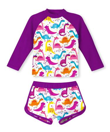 TUONROAD Girls Swimming Costume Toddler Baby Kids Two Piece Long Sleeve Swimsuit UPF 50+ Protection Bathing Suit Swim Set for 4-10 Years 9-10 Years Purple Dinosaur