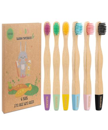 NUDUKO Bamboo Kids Toothbrushes (6 Pack) - Soft Bristle Organic Compostable BPA Free Toothbrush for Kids Toddler Baby Tooth Brush Eco Friendly Natural Biodegradable Wooden Toothbrush Normal Handle