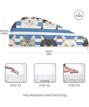 Blue White Striped Cat Hair Towel 2 Pack - Super Absorbent Quick Dry Turbans for Women & Girls - Buy Online on GoSupps.com