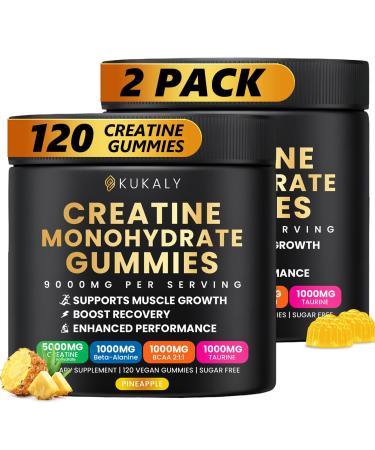 Creatine Monohydrate Gummies for Men & Women, 9000MG Creatine Gummies Sugar Free with L-Taurine, BCAA 2:1, B12 B6 for Boost Strength, Focus & Endurance, Vegan, Non-GMO, Pineapple 120*2 Bottle Pineapple 120 Count (Pack of 2)