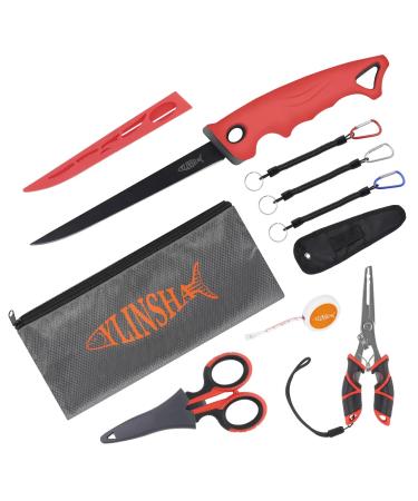 YLINSHA Fishing Tool Kit Fillet Knife Fishing 8pack Including Fishing Knife Fishing Scissors Fishing Pliers Saltwater Fish Measuring Ruler Anti-Lost Lanyard Waterproof Storage BagTackle Accessory Kit