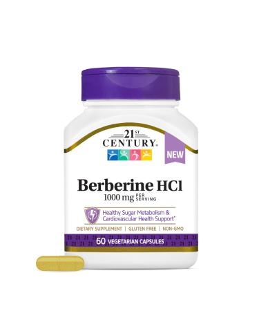21st Century Berberine HCl 1000 mg Per Serving, (60 Count), Helps Support Healthy Sugar Metabolism & Cardiovascular Health, Vegan, Non-GMO, Gluten Free, Berberine Supplement, 30 Servings
