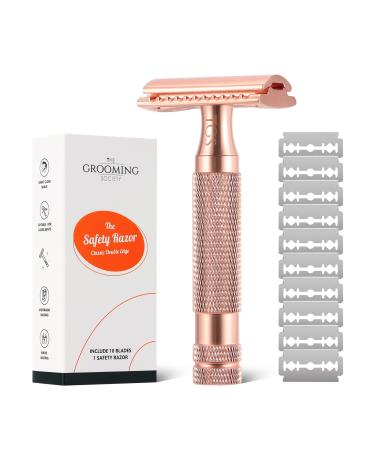 Women's Double Edge Safety Razor with Thick Short Handle Portable Travel Size Rose Gold Finish Smooth Closed Shave Single Blade Razor with 10 Razor Blades Reusable Razor Rose Gold-Short Handle