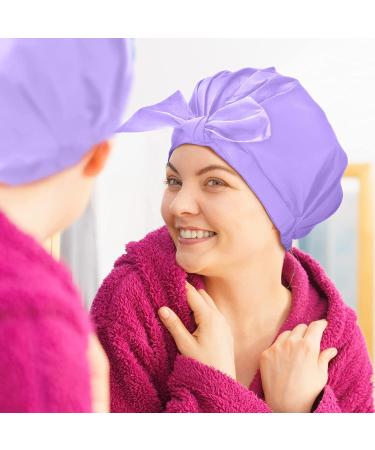 Adjustable Bow-knot Shower Cap Set | Reusable Waterproof Hair Turbans | Cyan Purple Bath Caps for Women & Girls | Ideal for Beauty, Spa, and Travel - Buy Online on GoSupps.com