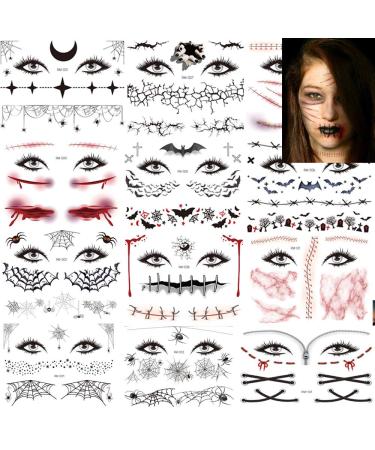 Halloween Temporary Tattoos Day of the Dead Face Tattoos Spider Eye Web Tattoos Sticker 12 Sheets Day of the Dead Makeup Decals for Halloween Party Decorations Pattern-1