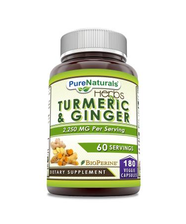 Pure Naturals Turmeric Curcumin & Ginger with BioPerine 2250 mg Per Serving 180 Veggie Capsules | Non-GMO | Gluten Free | Made in USA
