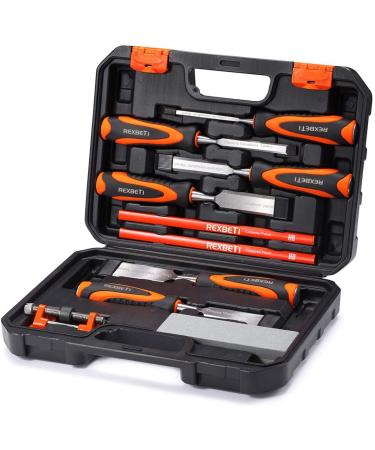 REXBETI 10pcs Premium Wood Chisel Set  6pcs Wood Chisel with 1 Honing Guide  1 Sharpening Stone and 2 Carpenter Pencils  Heat-Treated Cr-V Alloy Blades 10PCS-Orange