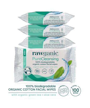 RAWGANIC Refreshing Facial Wipes - Fragrance-free Biodegradable Organic Cotton with Aloe Vera & Green Tea - 100 Wipes (4 Packs of 25) - Buy Online on GoSupps.com