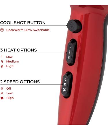 Red Hot 37060 2200W Professional Hair Dryer with Removable Nozzle - Salon Quality, 3 Heat Settings, 2 Speed Settings, Cool Air Mode - Red Coloured - Buy Online on GoSupps.com