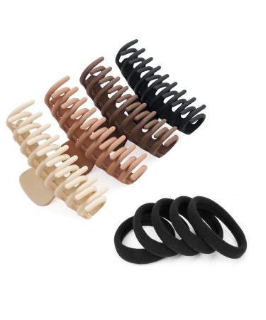 Ajju Korean Matte Large Claw Hair Clips for Women All Hair Types Non-Slip Grip Big Jaw and Strong Hold 4 Pack with Bonus Pack of 4 Hair Ties (Beige Khaki Coffee Black)