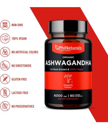 PhiNaturals Organic Ashwagandha Root Extract in Vegan Capsules Equal to 6000 Mg Root - Ashwaganda Supplement for Men and Women with 1500 Mg Per Serving 30 Servings - 500mg Per Vegan Capsule 90 Count - Buy Online on GoSupps.com