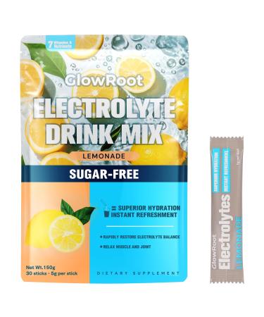 GlowRoot Daily Electrolyte Drink Lemonade Flavor 30 Stickpacks * 5g Hydration Packets with 7 Electrolytes & Minerals - Non- GMO Keto Friendly & Sugar-Free Electrolyte Powder - 150g