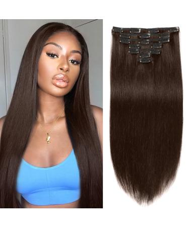 Clip in Hair Extensions Real Human Hair for Black Women 20 Inch 2 Dark Brown Color Straight Remy Human Hair Extensions 100% Unprocessed Full Head 7 Pcs with 16 Clips Human Hair