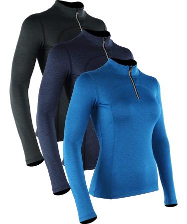 CADMUS Women's Compression Long Sleeve Shirts for Hiking Running Dry Fit Tights X-Large #603: 3 Pack Black & Navy Blue & Blue