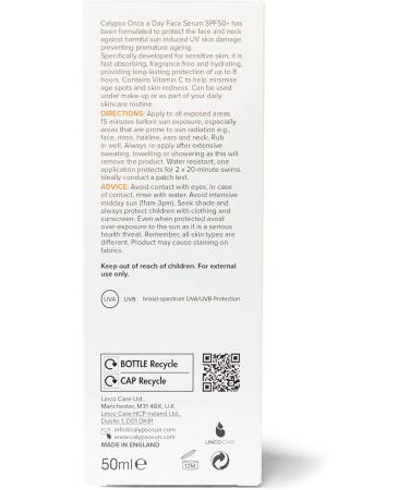 Calypso Once a Day Serum SPF50+ Serum with Vitamin C for Face and Neck for Sensitive Skin. Very High Sun Protection. UVA + UVB Primer. - Buy Online on GoSupps.com