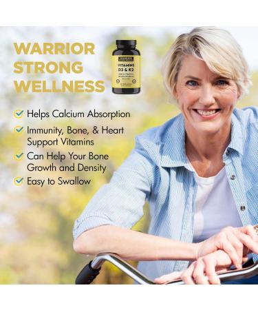 Warrior Strong Wellness Vitamin D3 and K2 Supplement - 5000IU Vitamin D3 and 180MCG Vitamin K2 Supplement - Immune, Heart Health - 2 Month-Supply, 60 Veggie Capsules - Buy Online on GoSupps.com