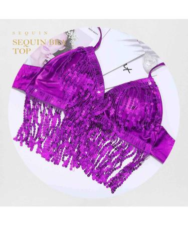 TWINKLEDE Purple Sequin Tassel Belly Dance Halter Bra Top - Women's Backless Crop Vest - Buy Online on GoSupps.com