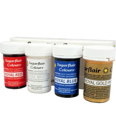 Sugarflair Limited Edition Coronation Colours Set of 4 - Royal Red Royal White and Royal Blue Highly Concentrated Food Colouring and Gold Edible Paint. - Buy Online on GoSupps.com