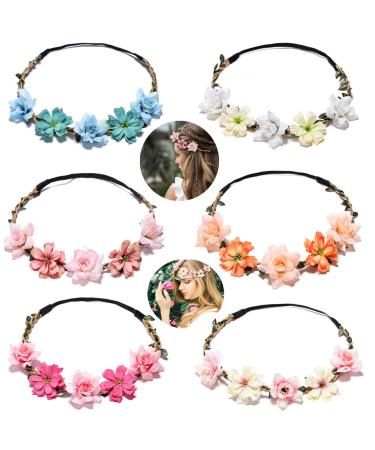 6 PCS Flower Crown for Women Girls Flower Headbands Flower Girl Headpiece Bride Bridesmaid Wedding Headdress Boho Flower Head Bands Hair Wreath Accessories Tiara for Little Girls Baby Toddler