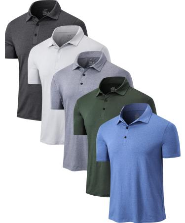 TELALEO 4/5 Pack Mens Polo Shirts Quick Dry Short Sleeve Golf T Shirt Performance Moisture Wicking Casual Workout Black/Light Grey/Green/Light Blue/Blue(5 Pack) Large