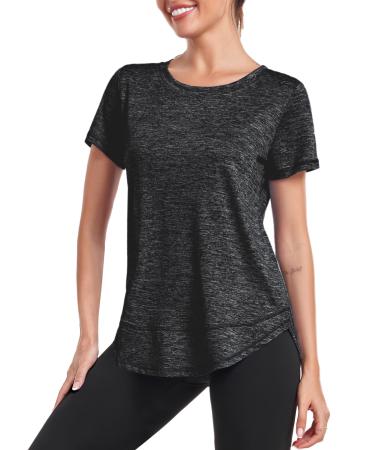 Deaviya Sport T-shirt women short-term shirt women workout tops round neckline athletically casual yoga fitness t-shirts loose side split tea black m