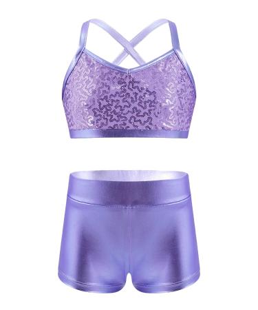 YUUMIN Kids Girls Crop Tops and Shorts Dance Outfits 2 Pieces Shiny Sequins Dance Costumes Ballet Gymnastics Leotard Purple 7-8 Years