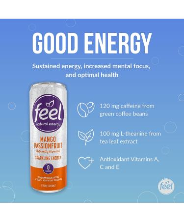 FEEL Sparkling Mango Passionfruit Energy Drink - Zero Sugar, Healthy L-Theanine & Caffeine Boost, 12 oz (Pack of 12) - Buy Online on GoSupps.com