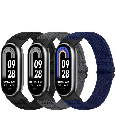 Bcuckood Elastic Bracelet Compatible with Xiaomi Mi Band 8 Women Men Stretchy Solo Loop Watch Strap Soft Elastic Nylon Replacement Bracelet for Xiaomi Mi Band 8 3 Pack Black+Gray+Indigo
