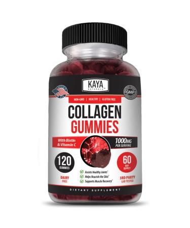 Kaya Naturals Collagen Gummy for Men & Women 120 Count 1000mg of Hydrolyzed Collagen Vitamin C Selenium & Biotin Collagen/Strawberry Flavor (120 Gummies) 120 Count (Pack of 1)