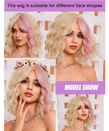 WOKESTAR Bob Curly Wig 12 Blonde Pink Highlights | Short Synthetic Wavy Wig for Women - Buy Online on GoSupps.com