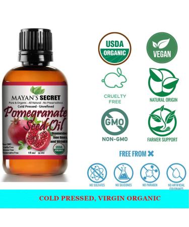 Mayan's Secret USDA Organic Pomegranate Seed Oil | Pure Cold Pressed Serum for Skin Hair & Nails - Buy Online on GoSupps.com